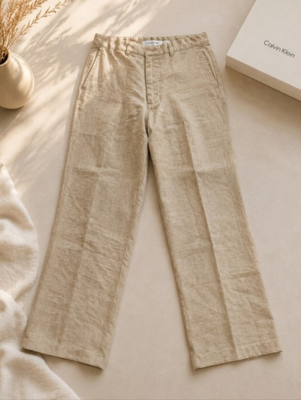 Calvin Klein 100% Linen Trousers | Beige Straight Leg Pants | Men’s